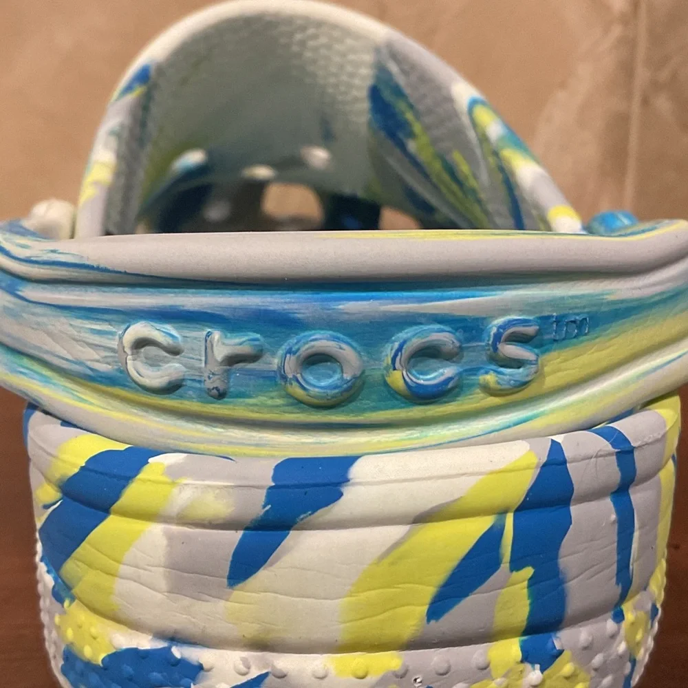 CROCS Blue and Yellow Patterned Clogs